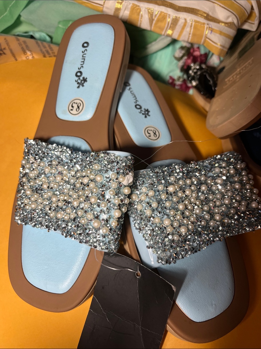 Embellished Light Blue Slide Sandals